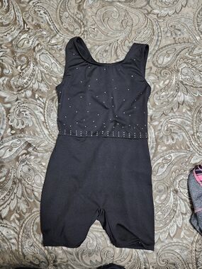 Girls Black Rhinestone-Accent Dance Or Gymnastics  Leotard Shorts